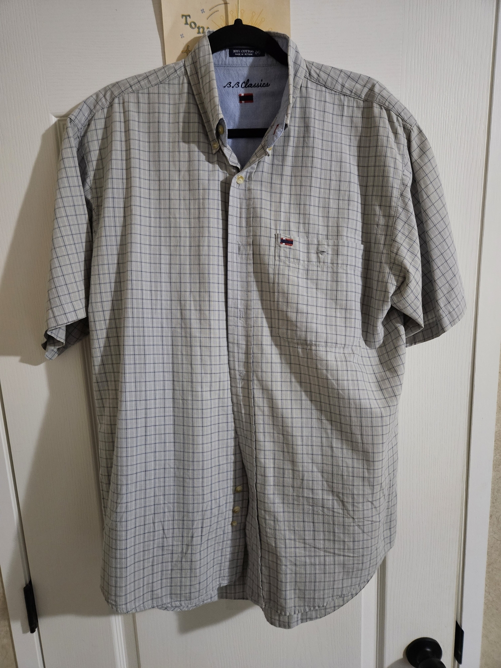Classic Light Gray and Navy Windowpane Short Sleeve Button-Down Shirt